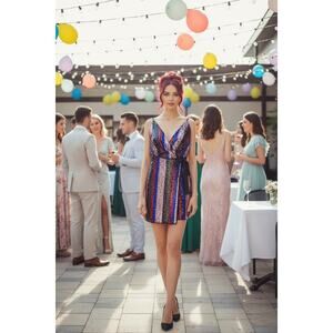 The East Order Lily Sequin Stripe Faux Wrap Mini Dress M NWT Party Prom